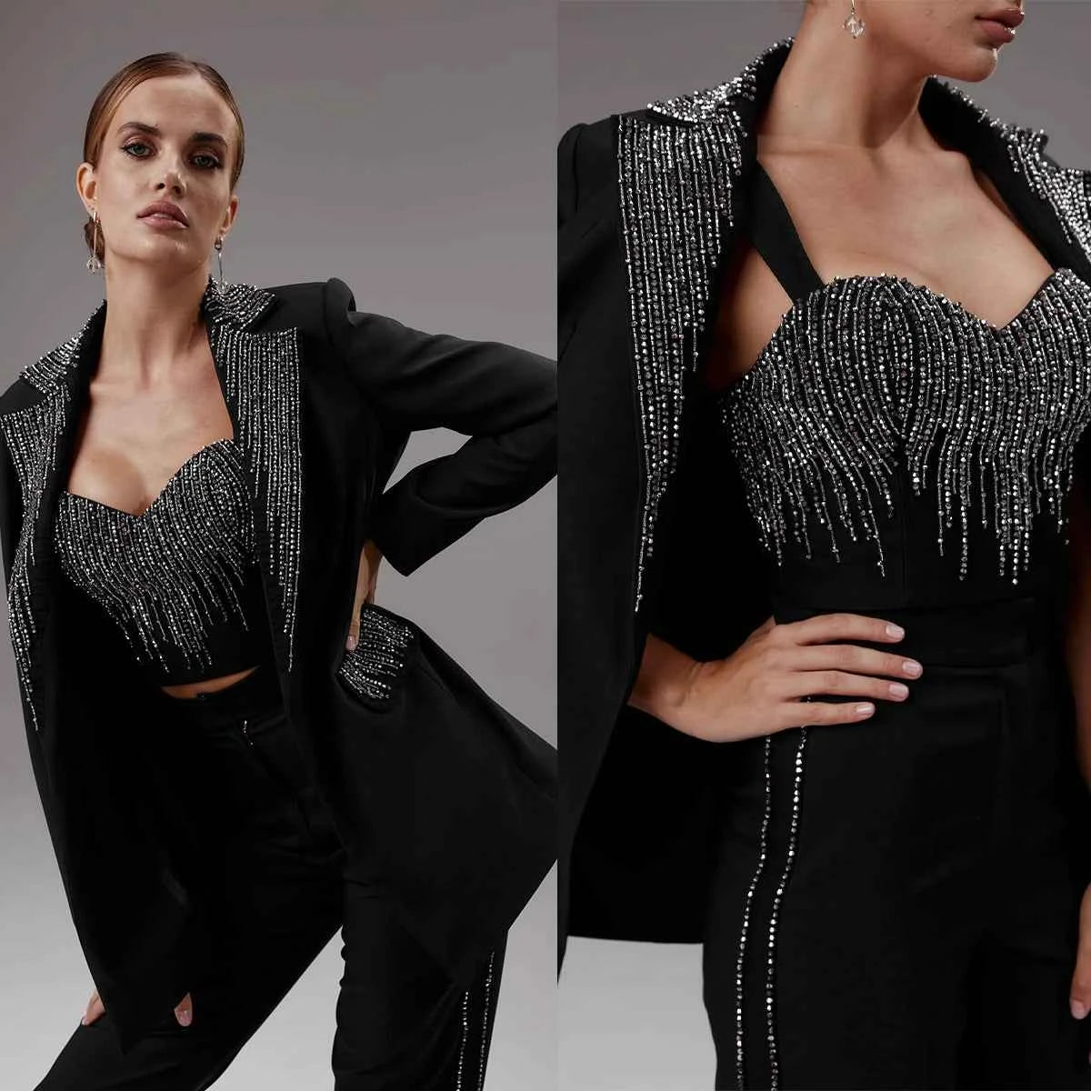 Customize Black Sequins Women Pants Suits Slim Fit Girls Blazer Set 3 Pieces Custom Made Jacket For Lady Party Prom Wedding Wear