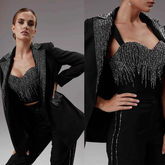 Customize Black Sequins Women Pants Suits Slim Fit Girls Blazer Set 3 Pieces Custom Made Jacket For Lady Party Prom Wedding Wear