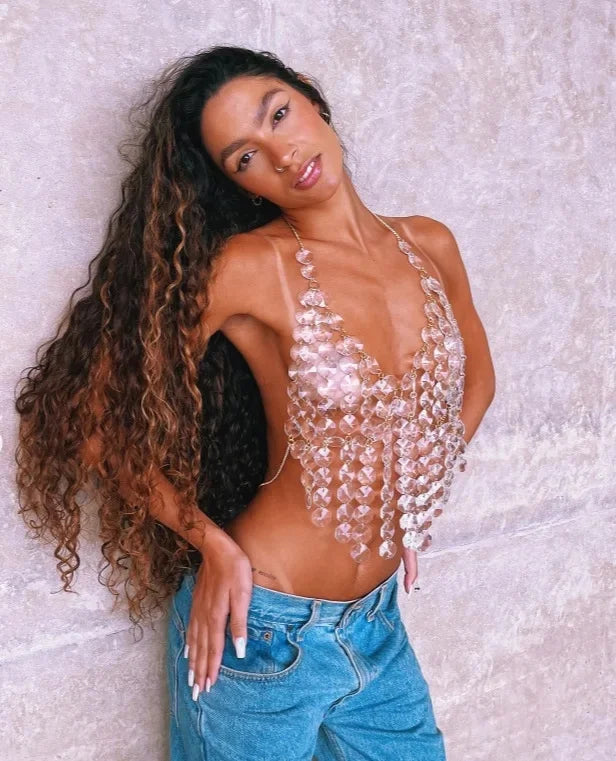L4796Y European And American Best Seller Transparent Acrylic Sequins Fringed Metal Chain Spliced Halter Neck Open-Back Top Body