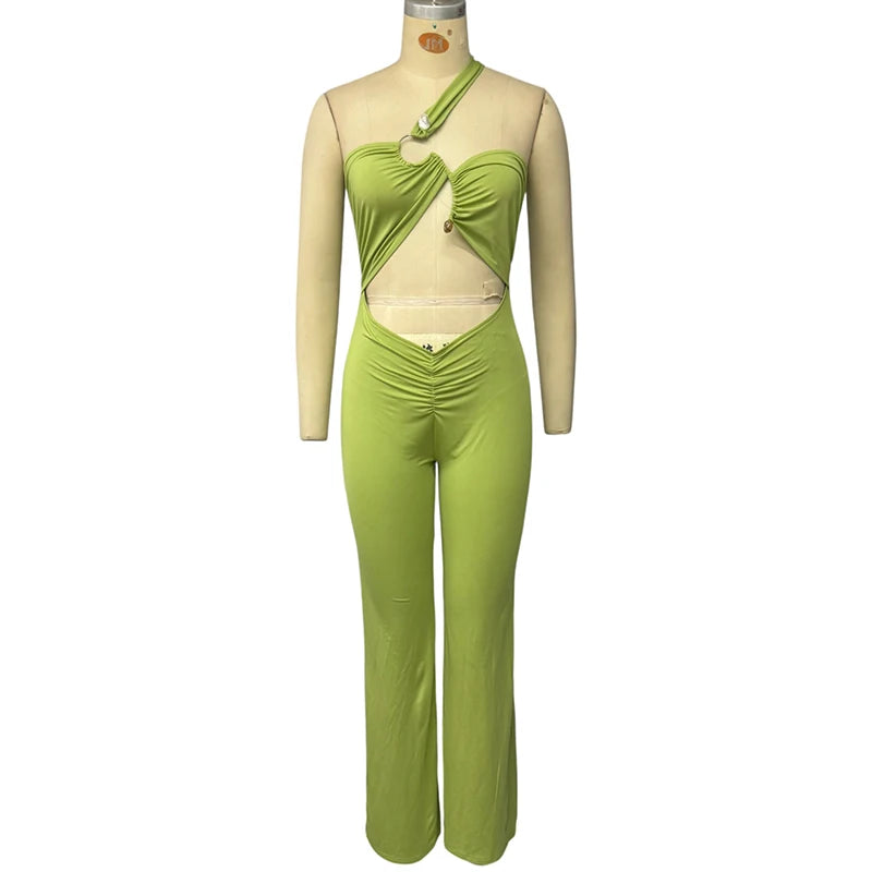 Wefads Macacão Feminino de Verão Sexy Moda Sólida Sem Mangas Irregular Oco Costas Sem Costas Cintura Fina Macacão Slim