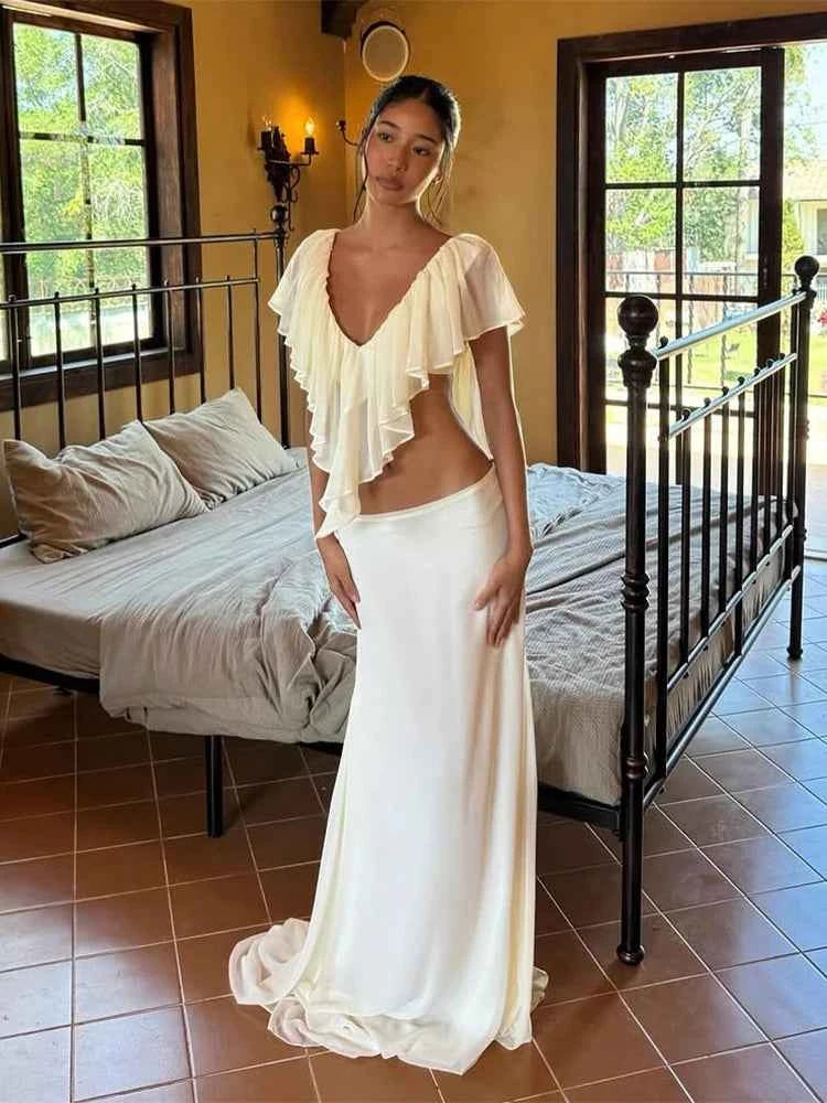 Weird Puss Patchwork Summer 2-Piece Set Women v-Neck Ruffles Crop Tops+Elastic Waist Simple Skitrts Solid Vacation Elegant Suit