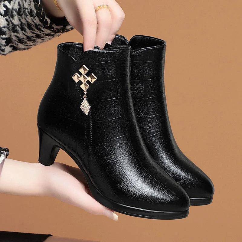 Women High Heels Soft Leather Ankle Boots Autumn Winter Platform Plush Boots Brand Fashion Point Toe Middle Heel Cotton Shoes - CRAVO ROSE