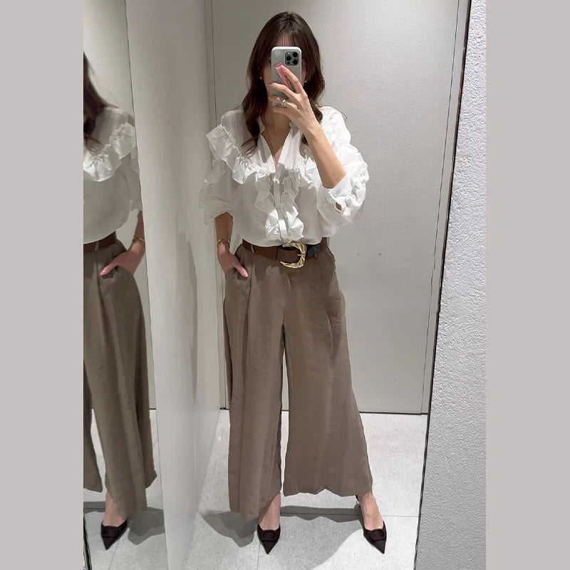 Blusa feminina elegante, azul, gola alta, babados, manga comprida, lisa, solta, chiffon, nova blusa feminina de verão 2025