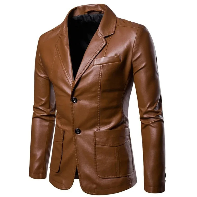Jaqueta Lapela Vestido de Couro Casaco Terno Slim Fit Jaqueta À Prova de Vento Masculino Negócios Casual Pu Blazers