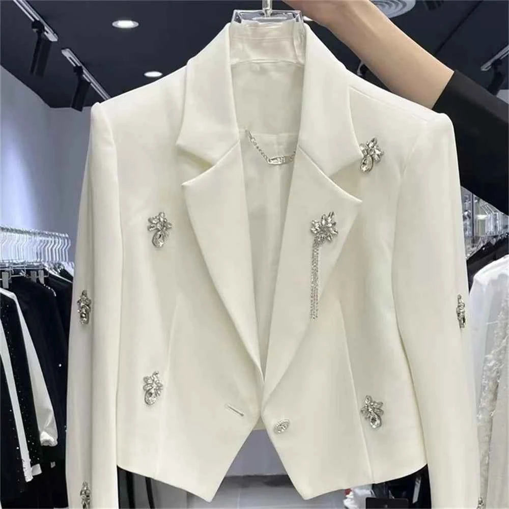 2025 Spring Women Long Sleeve Suit Short Coat Design Sense Heavy Industry Diamond studded Beads Wide Shoulders Irregular Suit