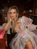 Vestido curto feminino com estampa rosa doce e babados, elegante, manga bufante, decote em V, chiffon, robe curto, verão 2025, vestidos de festa chiques para mulheres