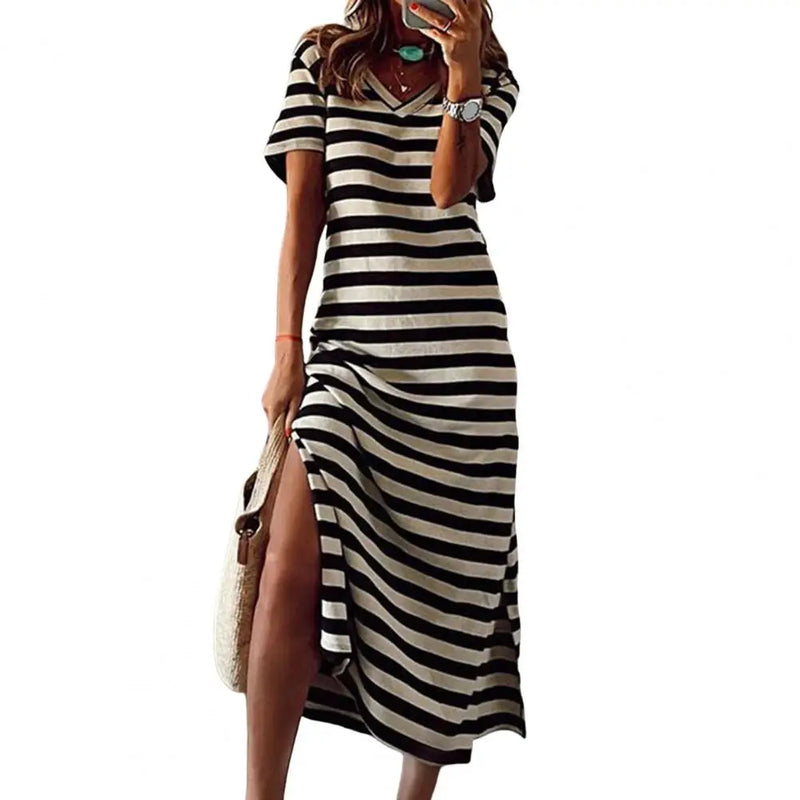 Vestidos Plus Size Vestidos Para Mulheres Casual Listra Estampa Decote Em V Manga Curta Solto Vestido Longo Robe Femme