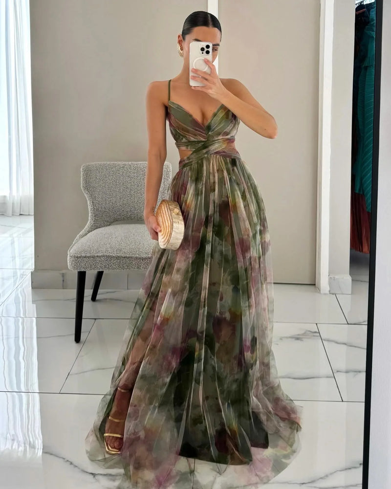 V-Neck Sexy Hollow Out Party Dress, Women Summer Loungewear Fashion Printing Maxi Dress, Sleeveless Lace-Up Ladies Dress Vestido