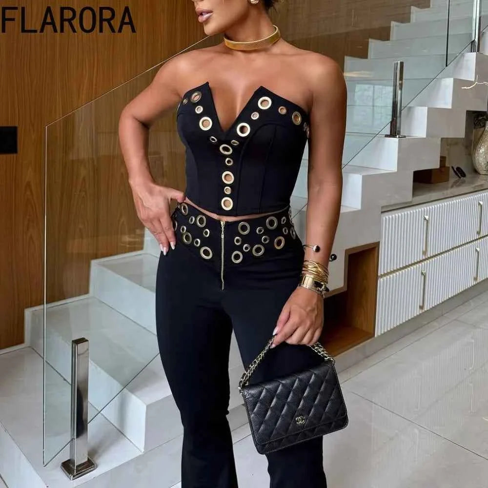 FLARORA Fashion Metal Ring Holes 2 Pcs Sets Woman Sleeveless Hollow Out Crop Tops And High Waist Flare Pants Elegant Streetwear