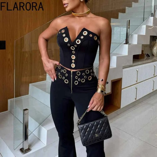 FLARORA Fashion Metal Ring Holes 2 Pcs Sets Woman Sleeveless Hollow Out Crop Tops And High Waist Flare Pants Elegant Streetwear