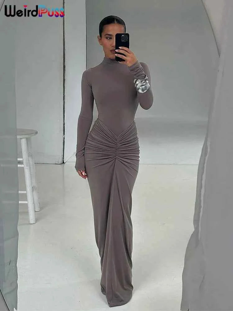 Weird Puss Hipster Ruched Dress Women o-NeckFull Sleeve  Skinny Stretch Robe Autumn Trend Simple Classic Pleats Long Bodycon