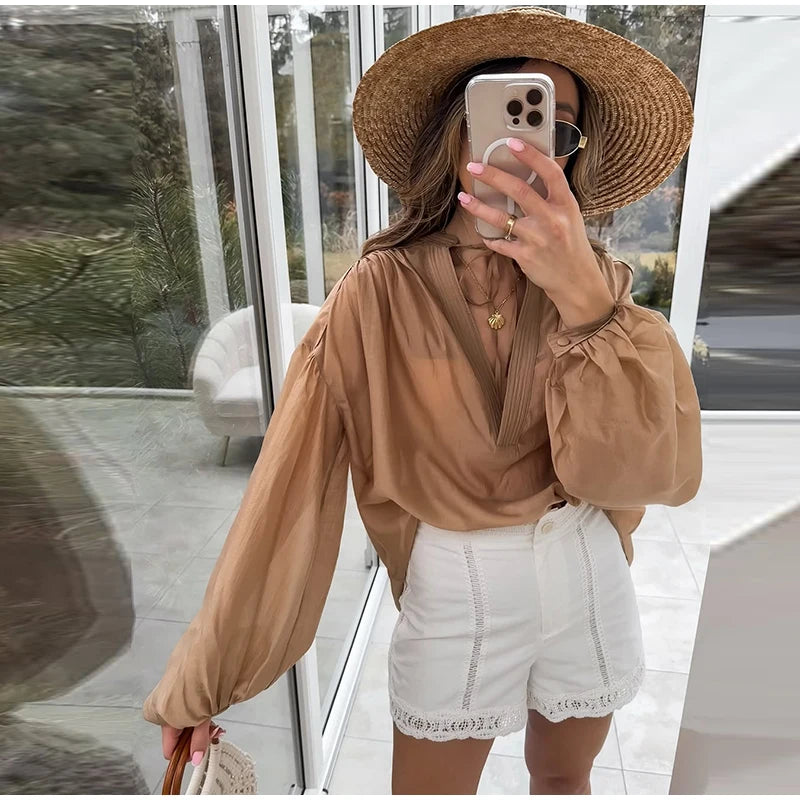 Camisa feminina elegante e solta, com cadarço, gola redonda, manga lanterna, camiseta feminina, primavera/verão 2025, moda urbana, tops femininos emendados