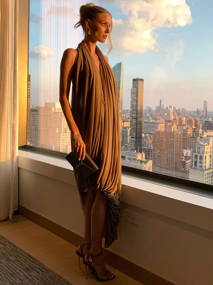 Nibber Ruched Halter Maxi Dress Women Sleeveless Backless Irregular Hem Solid Vacation Classic Basis Prom Party Elegant Vestidos