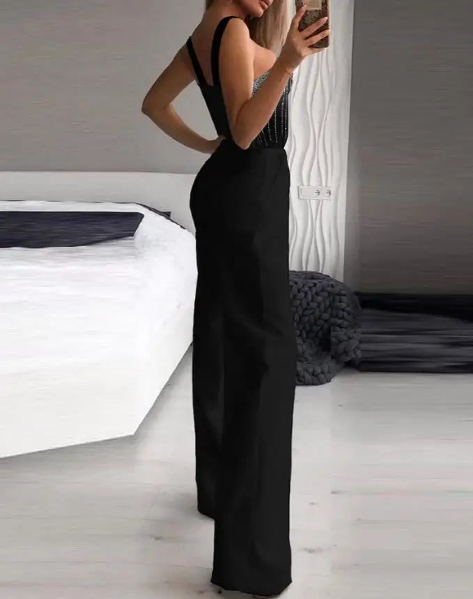 Elegant Party Jumpsuit for Women Round Neck Office Multi Strap Sleeveless Rhinestone Bootcut High Waist Wide Leg Pocket Overall