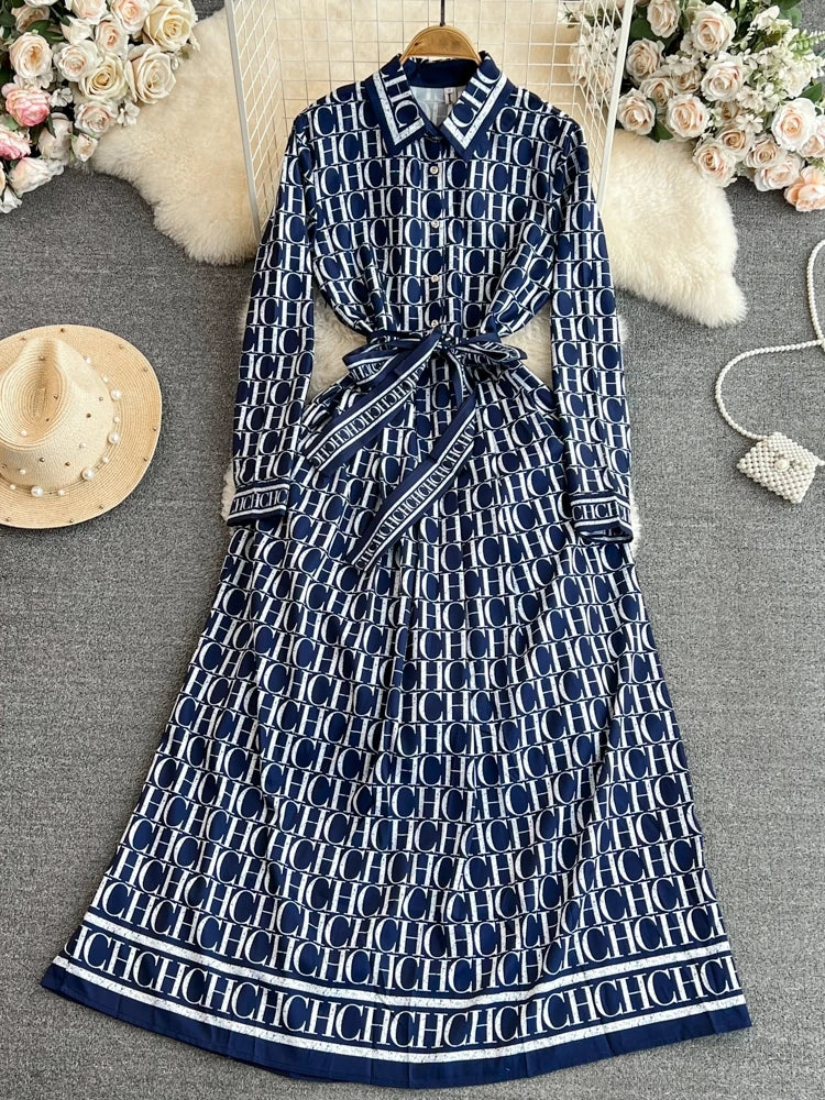 Elegant Retro Long Sleeve Print Shirt Dress Slimming A-Line High Waist Spring Autumn Korean Style Women's City Commute Dress