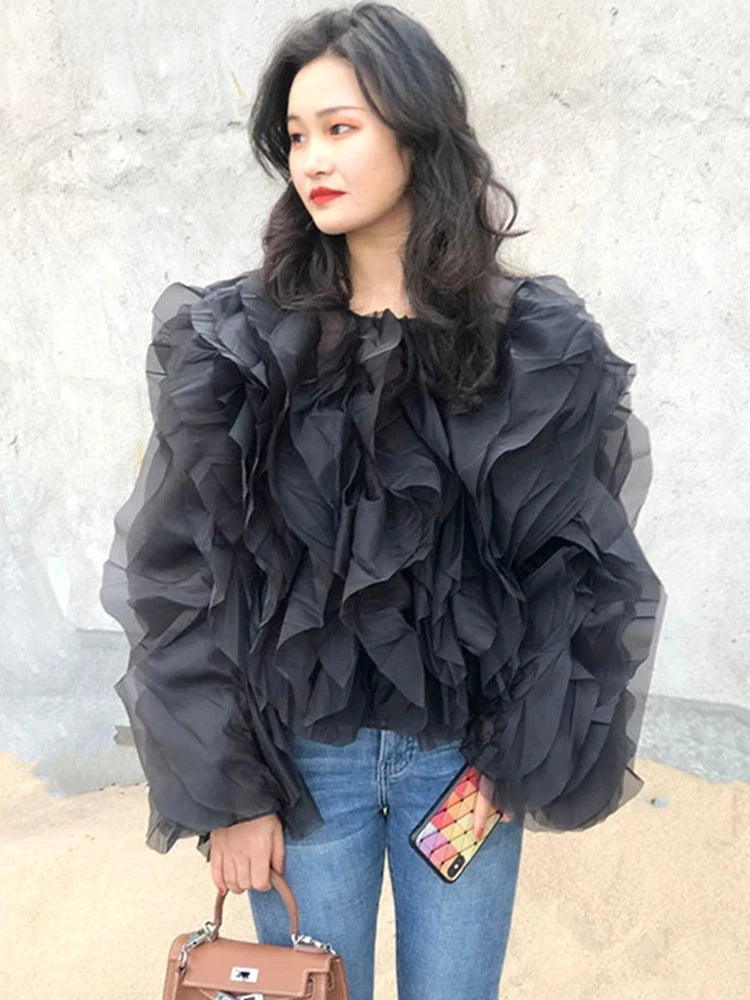 Blusas elegantes de chiffon com babados e patchwork, gola redonda, lanterna, manga comprida, camisa solta