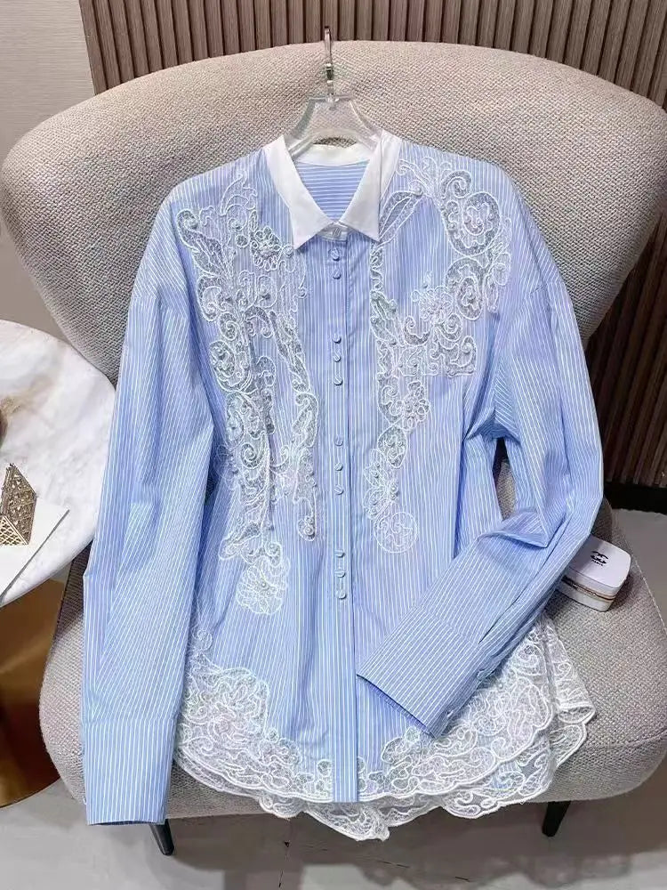 Camisas de luxo de alta qualidade com pérolas, contas, rendas, bordados, listras azuis, blusas para mulheres, tops