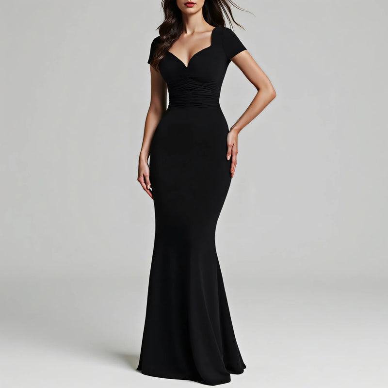 Vestidos femininos Mia Muse para todas as estações, festa, elegante, cor sólida, manga curta, decote profundo, maxi trompete