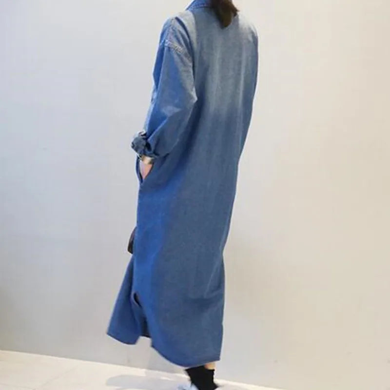 New Spring Denim Dress Women Clothing Loose Long Sleeve Shirt Dress Female Vintage Single-breasted Maxi Denim Dresses Q5664