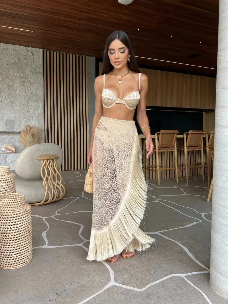 Fashion Sexy Solid Three Piece Bikini Set Padded Bra Tassel High Waist Beach Skirt Swimwear Summer Beach Holiday  Bathing Suit