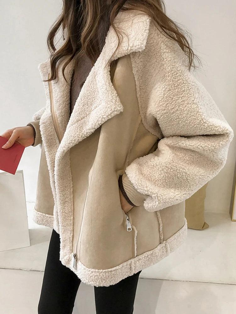 Jacket Women Bomber Coat Thickened Casual Loose Outerwear Clothing Pocket Lamb Hair Overcoat Autumn Winter Topcoat Plus Size - CRAVO ROSE