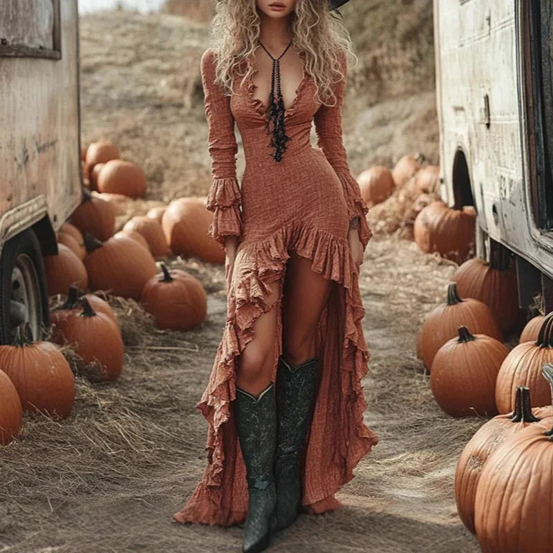 Vestido étnico retrô com babados irregulares, decote em V, slim, festa, vestido longo, outono, borboleta, manga comprida, boho, maxi vestido