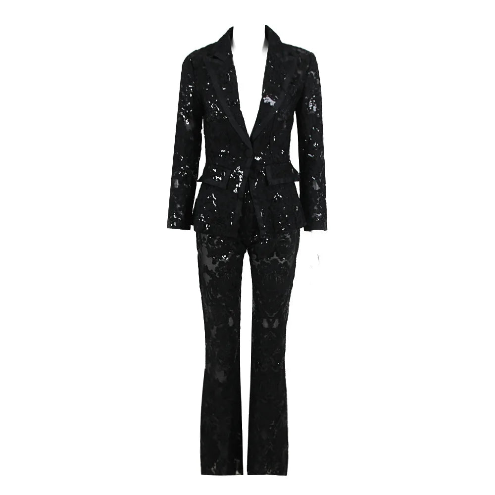 HIGH STREET Newest 2026 Designer Runway Suit Set Women's Single Button Guipure Lace Blazer  Flare Pants Set