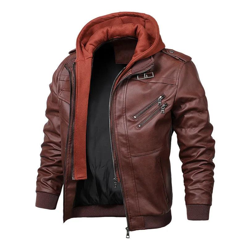 Nova Moda Masculina Street Wear Motocicleta Jaquetas de Couro Chapéu Destacável Homens Jaquetas de Couro Com Capuz Slim Casual Casacos de Couro 5XL - CRAVO ROSE