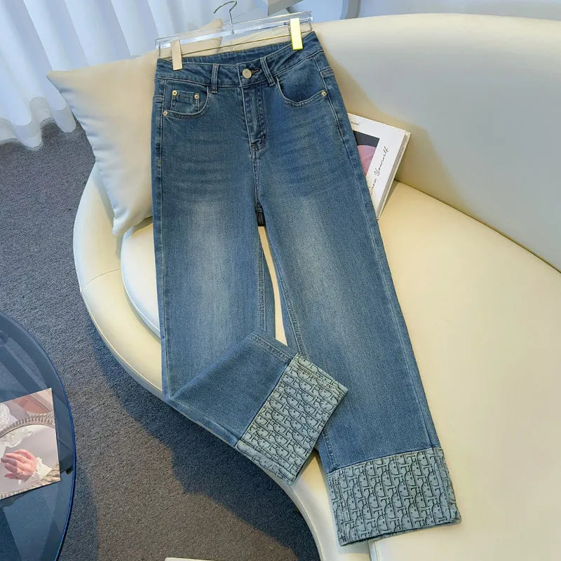 High-End Women's Straight Leg Jeans Loose Fit Spring Season Roll up Capri High Waist Denim Blue Flip  Thermal Regulation