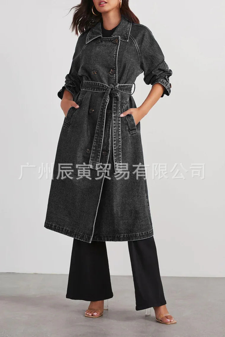 Women's Autumn and Winter New Fashion Denim Cotton Trench Coat Solid Color Double Pocket Long Single-breasted Loose Denim Coat