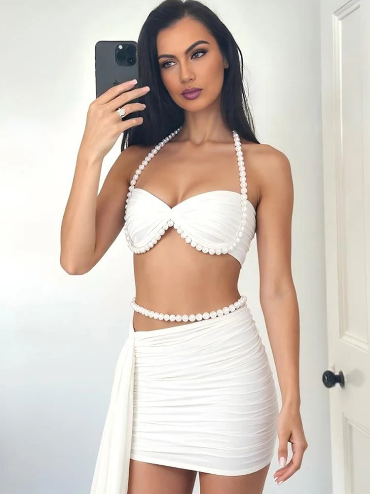 Weird Puss Elegant Bead Halter 2 Piece Set Women Sexy Ruched Mesh Backless Sleeveless Bra Vest+Ribbon Skirts Vacation Party Suit