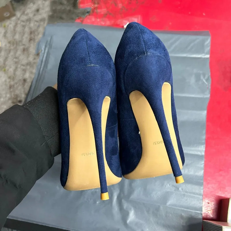 Sapatos de salto alto femininos de camurça sintética azul marinho, bico fino, sem cadarço, salto agulha OL feminino, 8, 10, 12 cm