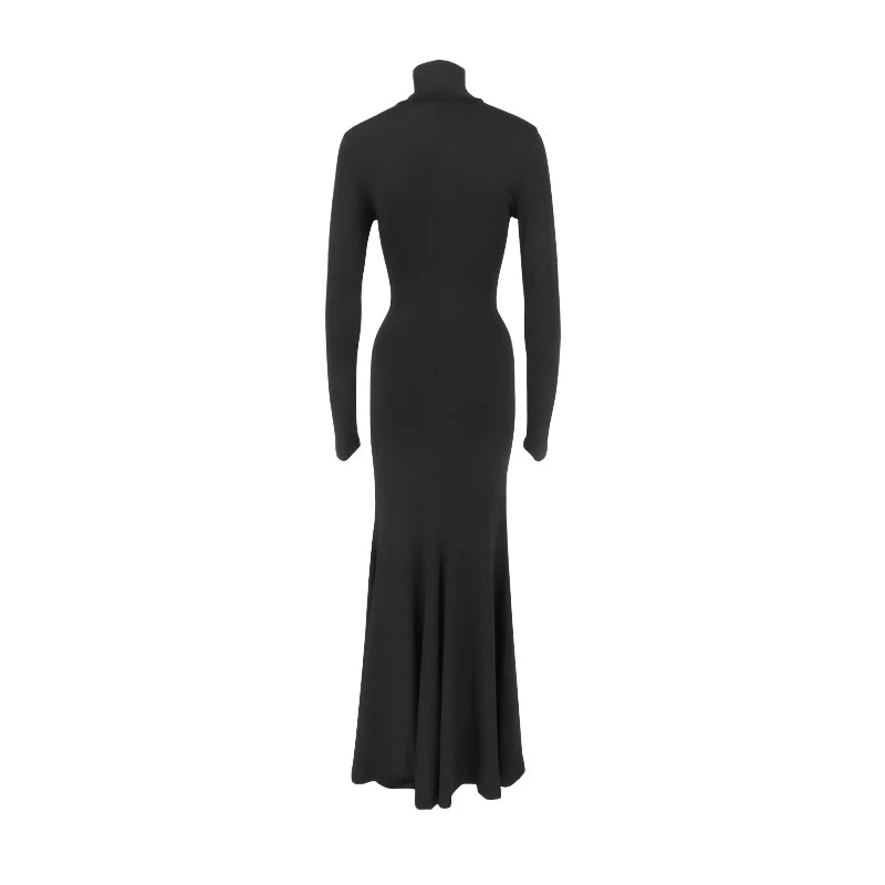 Black Sexy Autumn Dresses Women Fashion New Streetwear Long Sleeves Turtleneck Dress Hollow Out Lady Casual Slim Dress Clothing