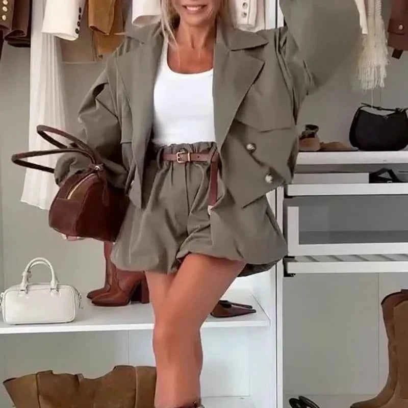 Vintage High Street Loose Women's Two Piece Casual Autumn Long Sleeved Jacket and Shorts Suit Fashion Outdoor Cargo Solid Outfit