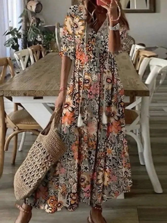 Women's 2024 Spring Summer New Casual Sweet Loose Sexy V-neck Fashion Printed Hanging Beard Middle Sleeve Long Dress For Women