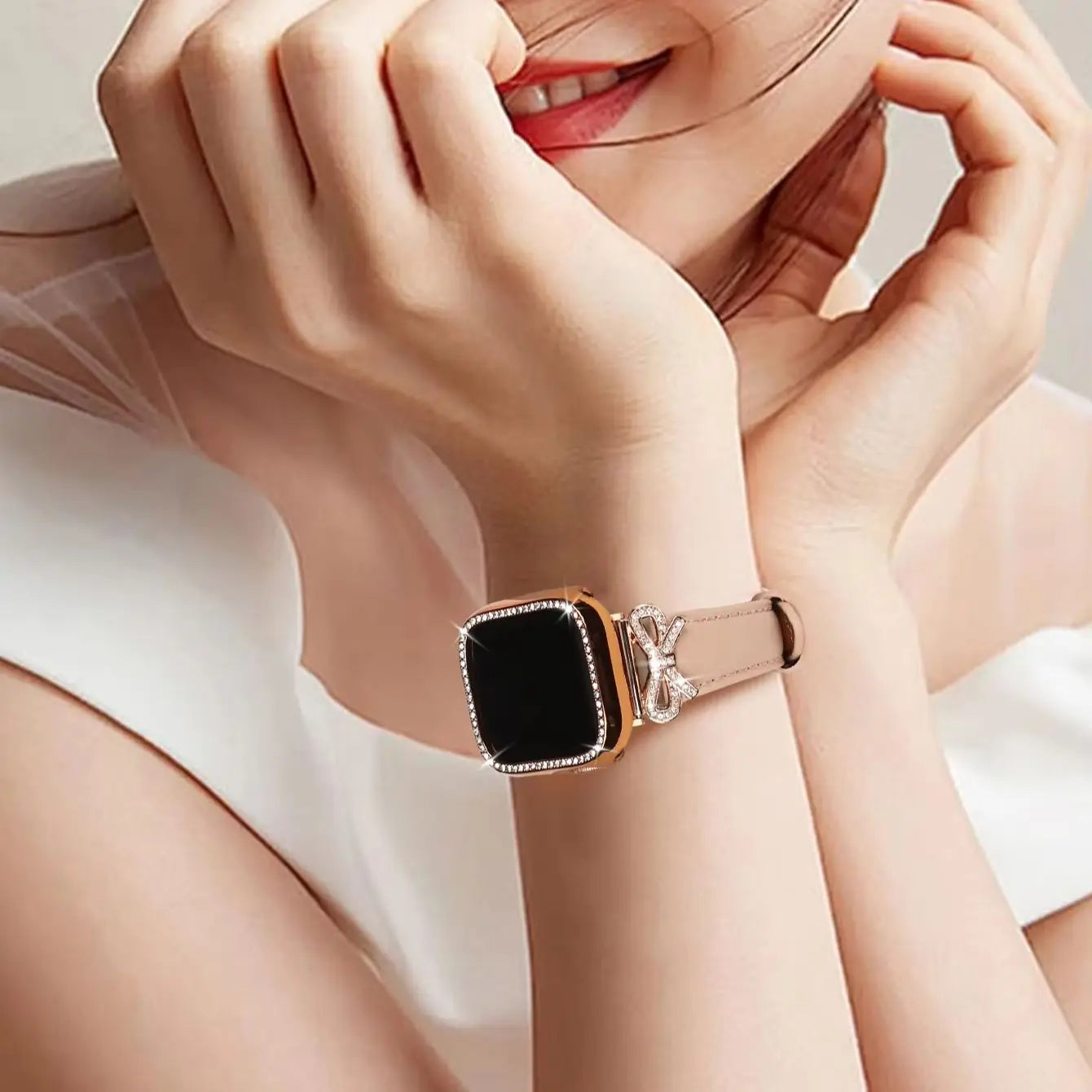 Bow strap+Diamond case for Apple Watch 40/41/42/44/45/46/49 For Fashion+Elegant Women's iWatch series11 10 987 654 accessories