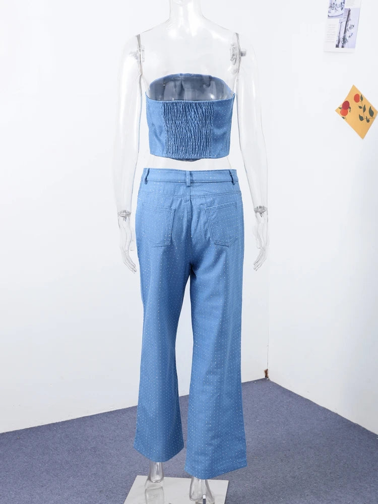 Conjunto jeans feminino com strass brilhantes, espartilho modelador, top curto, jeans slim fit, roupa de festa, boate, estilo cowgirl