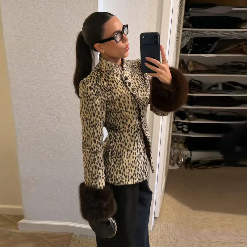 Spring Thin Fur Women's Coat Fashion Leopard Print Full Sleeve Female Jackets 2026 Spring Street New Single Breasted Lady Coats