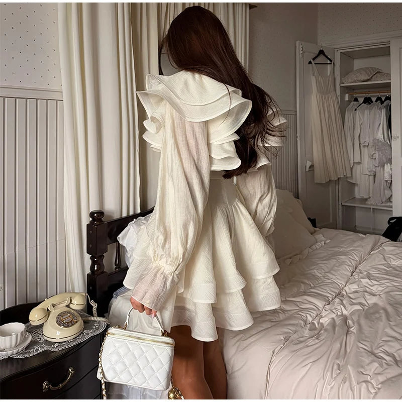 Solid Ruffle Mini Dress U Neck Long Puff Sleeve Tie Neck Tiered Hem Sweet Style Gown Soft Pastel Tones Fashion Chic Women Outfit