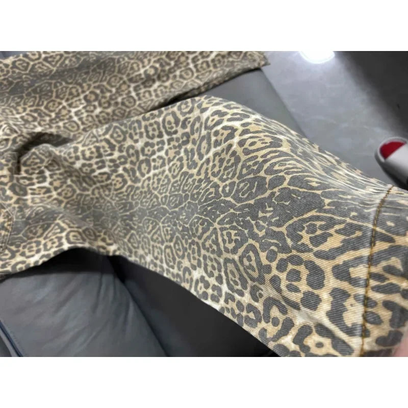 Calça jeans feminina americana retrô com estampa de leopardo, cintura alta, larga, casual, com bolsos, hip-hop, primavera/verão 2000, calça jeans pantera grande