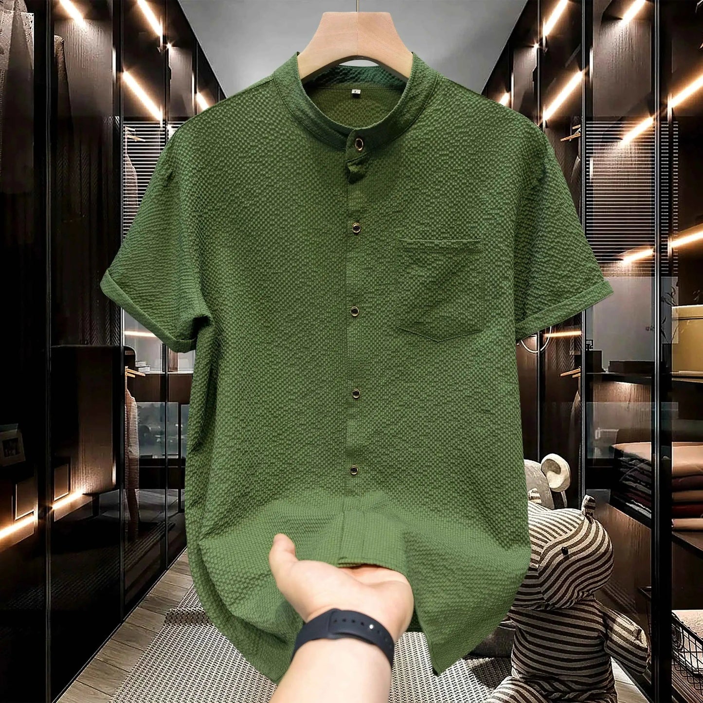 M-5XL Summer Men's Shirt Short Sleeved with Bubble Gauze Textured Fabric Thin Quick Drying Stand Up Collar Short Sleeved Shirt
