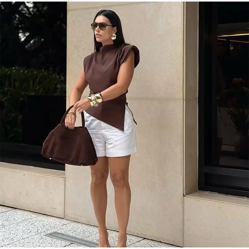 Vestido longo elegante com decote redondo e manga curta, moda feminina, liso, plissado, gaze, patchwork, 2025, novo, para escritório