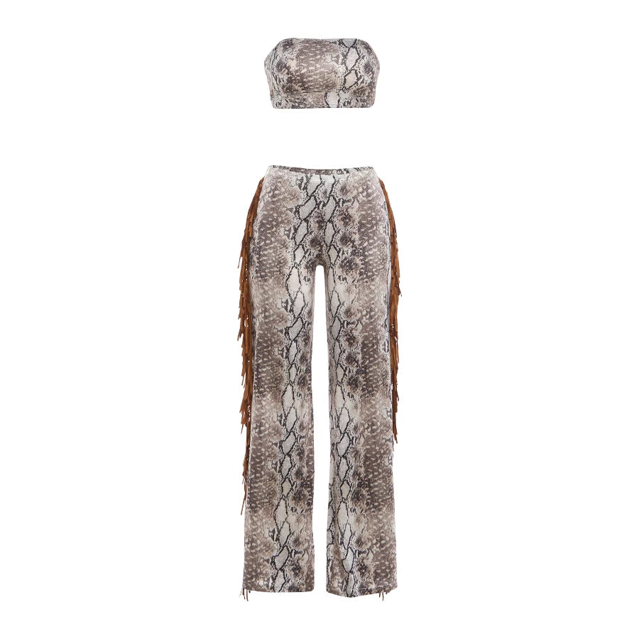 Weird Puss Side Tassel 2 Piece Set Women Tracksuit Mini Strapless+Straight Pants Matching Stretch Street Cool Hipster Outfits