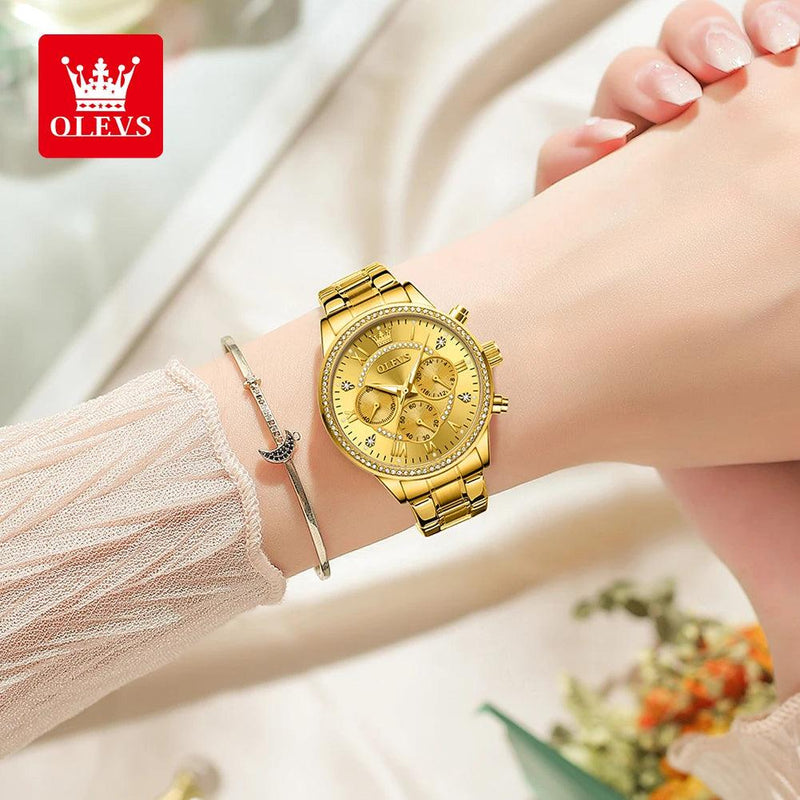 OLEVS Women's Quartz Watch Luxury Diamond Dial Gold Stainless Steel Waterproof Classic Three Small Dials Watch for Women New In - CRAVO ROSE