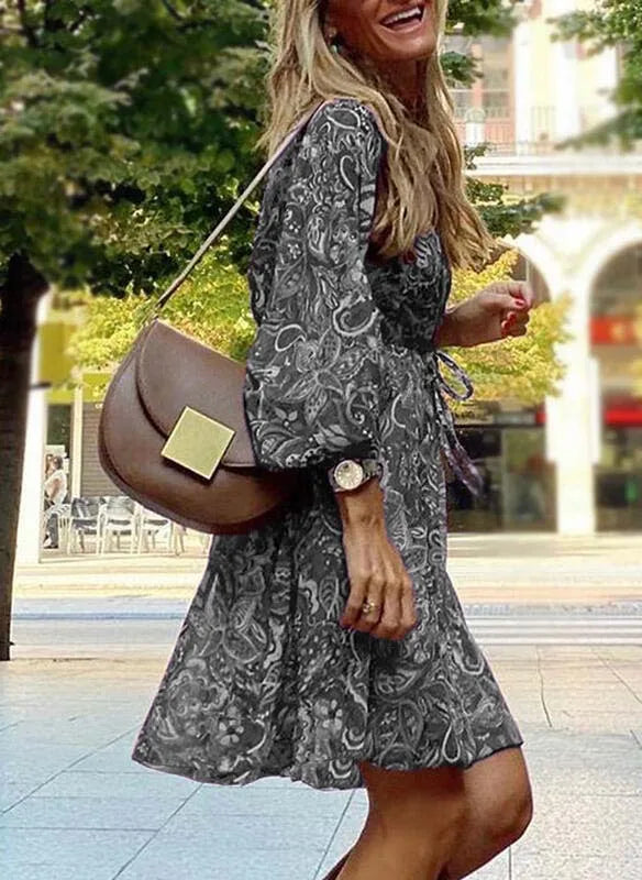 Vestido curto feminino estilo boêmio, com cordão na cintura, gola V, solto, elegante, casual, manga sete quartos
