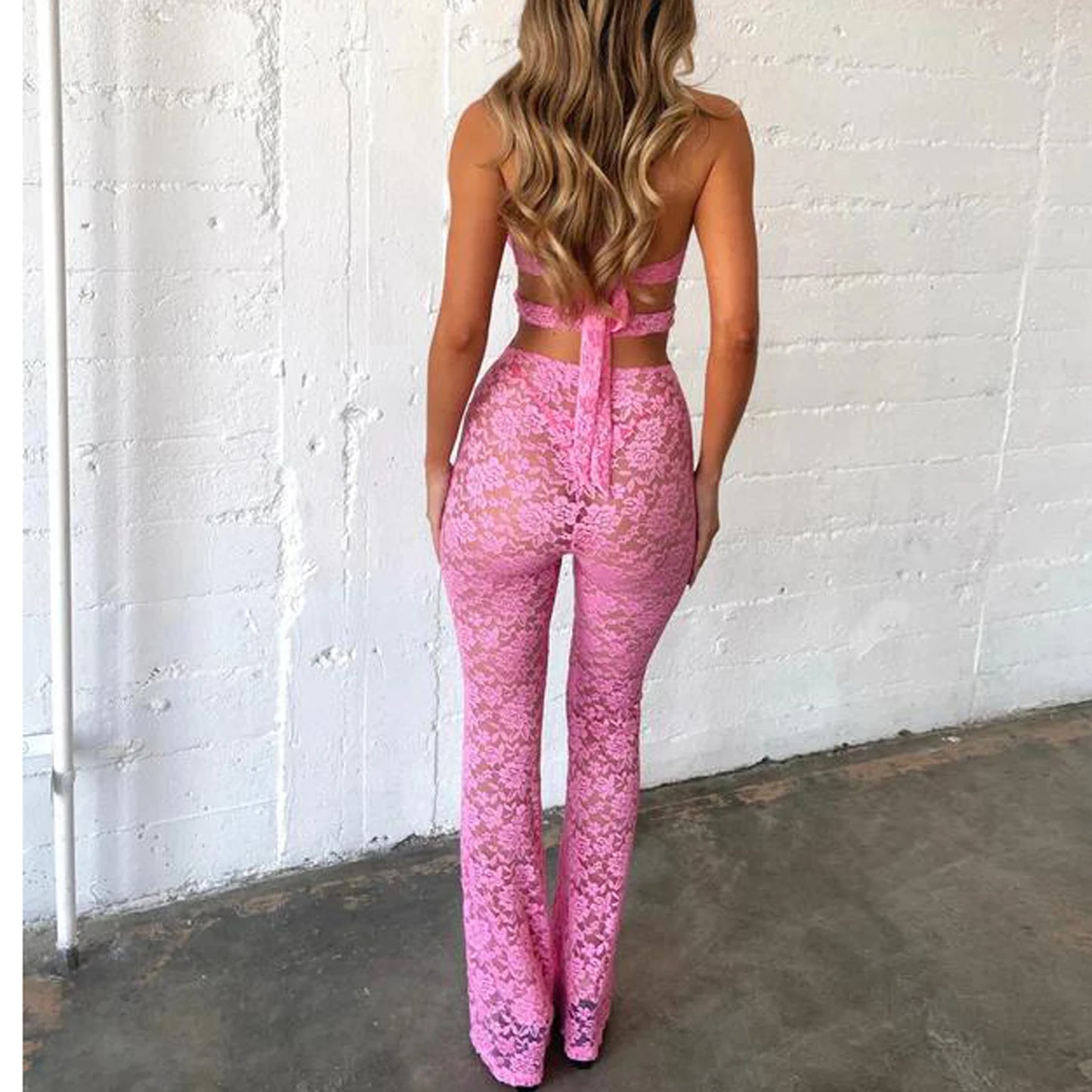 Women Halter Flare Jumpsuit Casual Summer Cutout Lace See-Through Backless Romper Pants Streetwear
