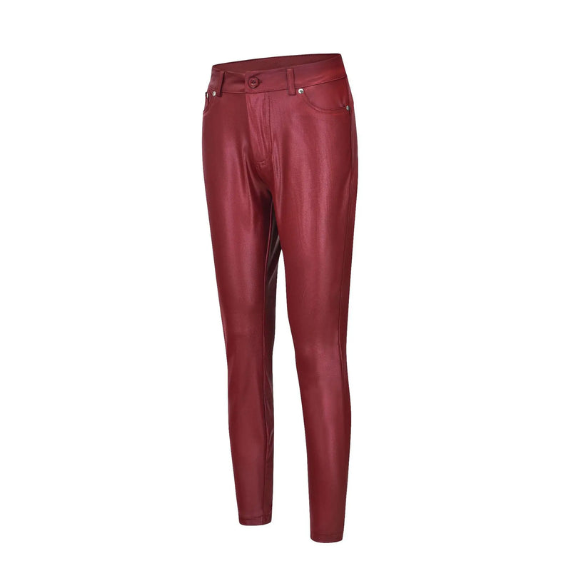 Calças de couro sintético, leggings femininas casuais elásticas e sensuais, couro sintético sólido, calças lápis justas