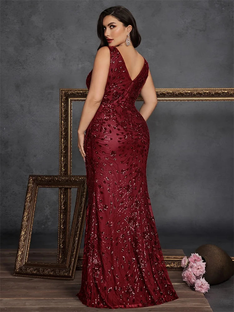 BLUEPLUM Plus Size Elegant Slit Evening Dress 2025 Long Mermaid Formal Sequins Sexy V-neck Caicktail Wedding Party Prom Gowns