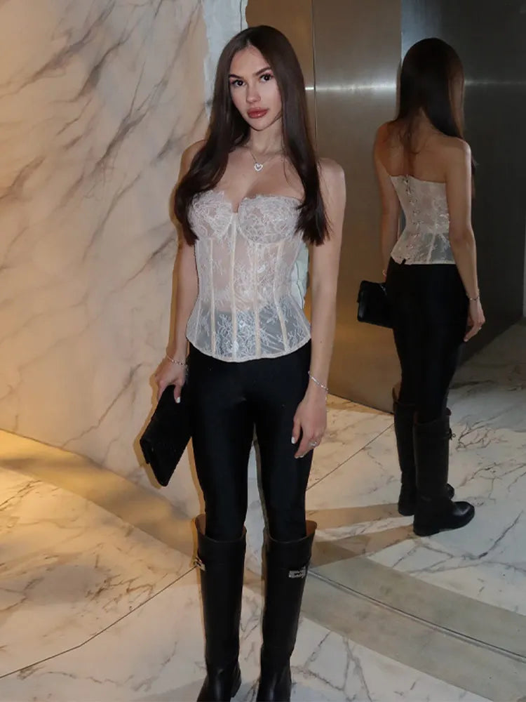 Floral Lace Fishbone Sleeveless Vest for Women Fashion Off Shoulder Bodycon Female Top 2026 Spring Summer New Y2K Lady Partywear