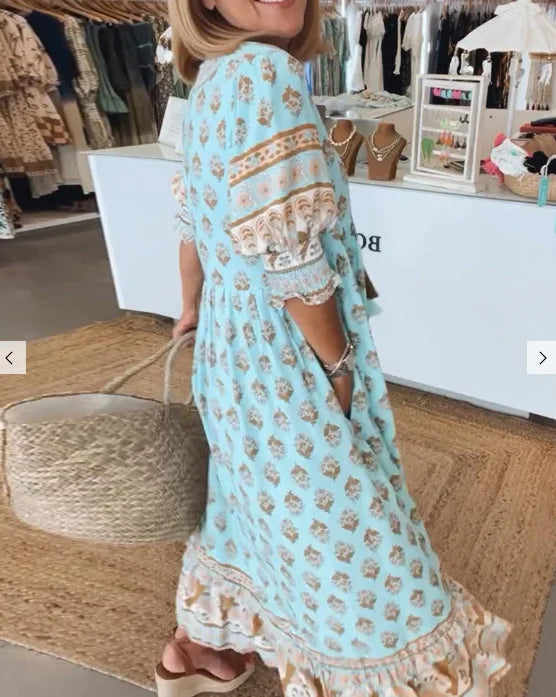 Boho Printed Chic V-neck Tassel Long Dress Women‘s Spring Pocket Party Dress Fall Half Lantern Sleeve Ruffles Maxi Dress Summer